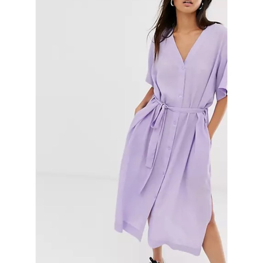 Weekday Verna shirt dress tie waist midi‎ dress lilac sz XS